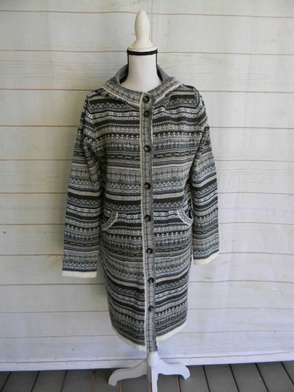 SKIES ARE BLUE ANTHROPOLOGIE BLUE/GRAY FAIR ISLE HOODED LONG CARDIGAN SZ L